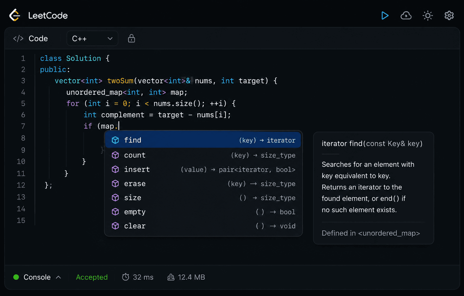 The LeetCode editor with a LeetSense completion list open on map., showing find, count, insert and erase alongside a documentation panel for iterator find(const Key& key).